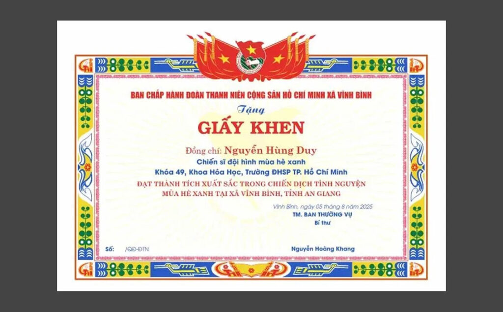 Mẫu giấy khen Đoàn Thanh niên vector đẹp 02